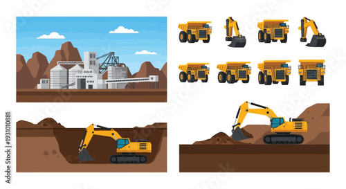 Mining operation with heavy machinery and an illustrated open pit landscape