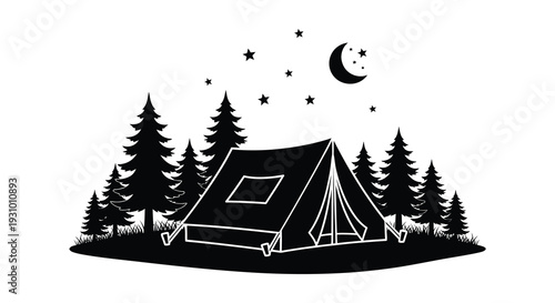 A serene nighttime landscape depicts a tent nestled amongst pine trees under a crescent moon silhouette high quality professional detailed modern