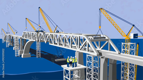 Bridge construction site with cranes and workers in action over water from a low angle viewpoint
