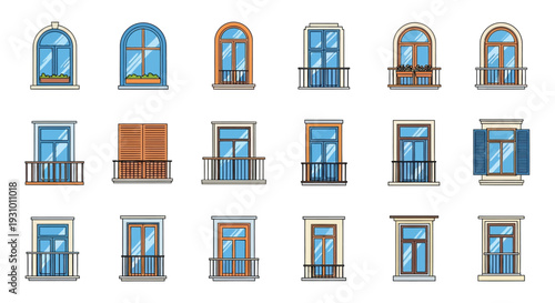 Collection of colorful windows and balconies in a linear illustration style