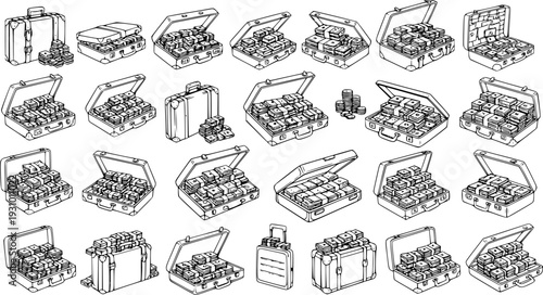 Detailed collection of hand-drawn line art icons featuring briefcases and suitcases overflowing with stacks of money, symbolizing finance, wealth, business, and success.