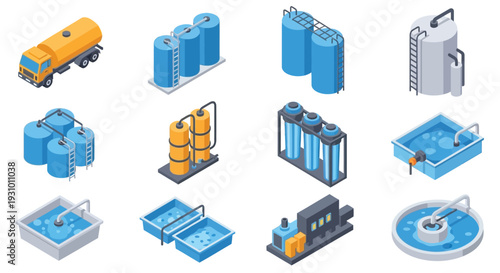 Isometric illustration of various water storage tanks and purification systems