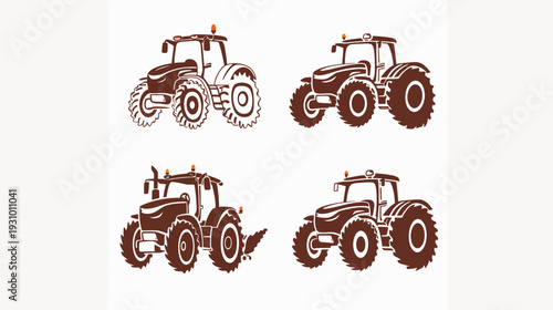 Collection of four brown tractor illustrations, different designs, on white background