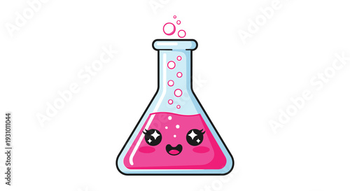 A cute cartoonish beaker filled with pink liquid and bubbles featuring a happy face in silhouette high quality professional detailed modern