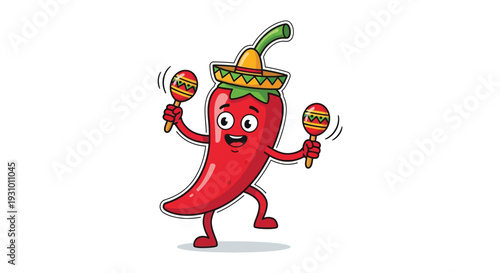 A cheerful red pepper cartoon character dances with maracas wearing a sombrero and exhibiting a flat silhouette high quality professional detailed