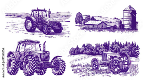 Four illustrations of vintage tractors plowing fields, a barn, and a silo in a monochrome style