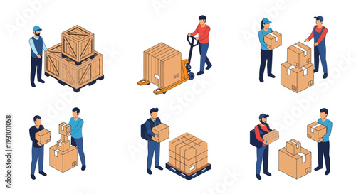 Isometric illustration depicting delivery workers and various cardboard package arrangements