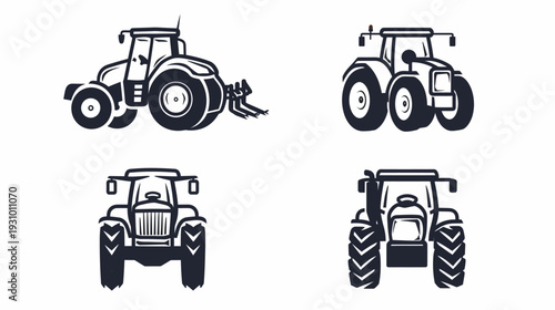 Collection of four minimalistic illustrations depicting farm vehicles tractors of various designs