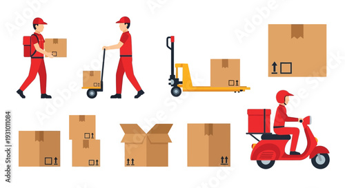 Delivery service illustrations with boxes hand truck and a scooter