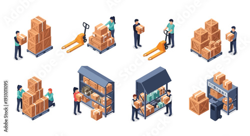 Isometric illustration depicting warehouse logistics shipping and delivery processes