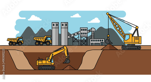 Construction site illustration featuring heavy machinery and building structures