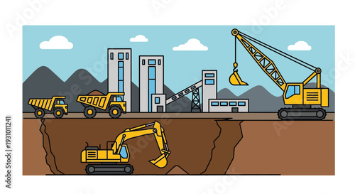 Construction site with heavy machinery and a city skyline backdrop