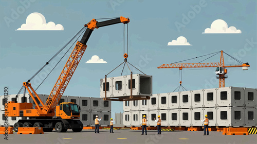 Construction site with cranes lifting building modules into place on a clear day with workers standing by