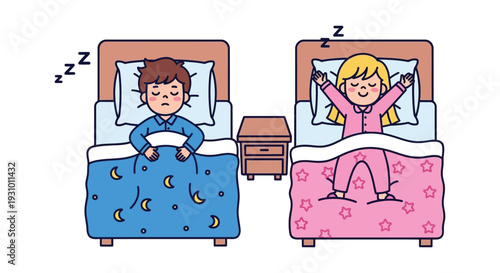Two children sleeping peacefully in their beds one stretching depicted in a colorful flat design silhouette high quality professional detailed modern