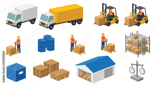 Isometric logistics and warehouse elements including trucks forklifts and workers