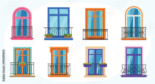 Colorful collection of cartoon balconies and windows in various styles
