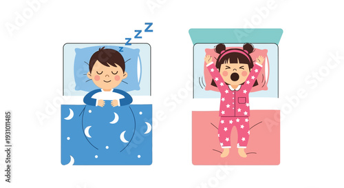 Two children sleeping peacefully in bed with dream bubbles one waking up presented as a flat vector silhouette high quality professional