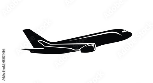 A sleek black airplane is depicted in profile showcasing its aerodynamic design and detailed features a striking silhouette high quality