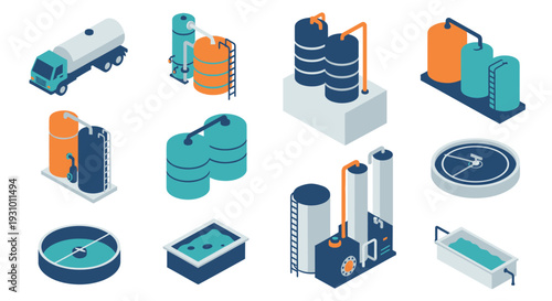 Isometric illustration of various industrial tanks and water storage systems
