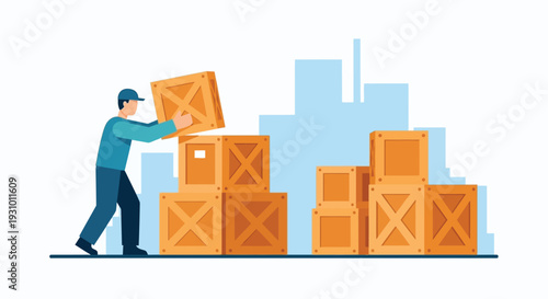 Man carrying stacked wooden crates in front of a city skyline