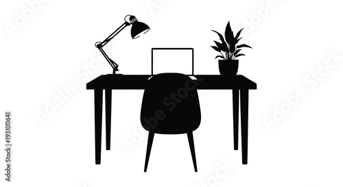 A minimalist workspace featuring a desk lamp laptop plant and chair in stark black silhouette high quality professional detailed modern elegant