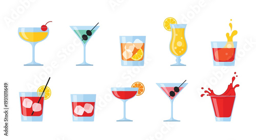 Colorful cocktail illustrations depicting various alcoholic and non alcoholic drinks