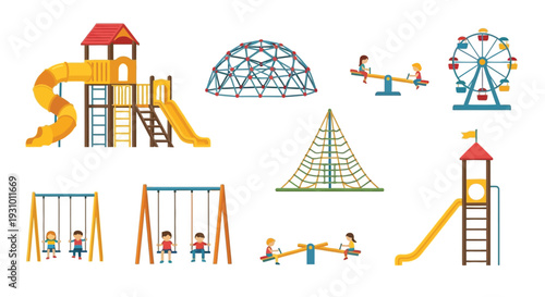 Colorful illustration of various amusement park rides and playground equipment