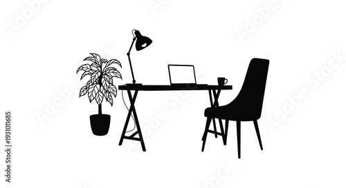 A minimalist workspace featuring a desk chair plant and laptop presented in stark black silhouette high quality professional detailed modern elegant
