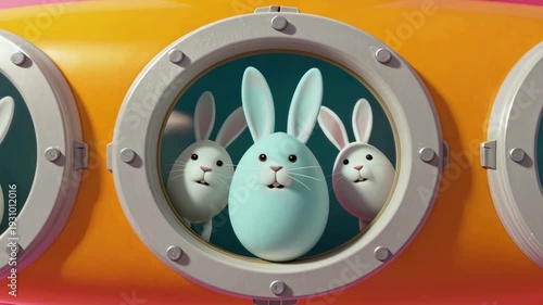 Whimsical yellow submarine with bunny ears on vibrant pink background