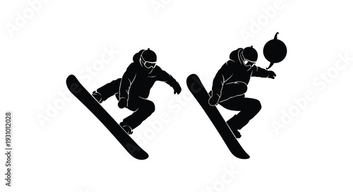 Two snowboarders performing aerial tricks against a white backdrop a dynamic winter sports scene silhouette high quality professional detailed modern elegant