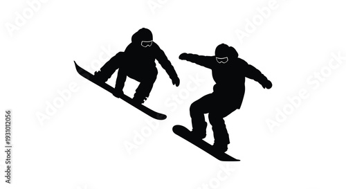 Two snowboarders in mid air dynamically posed against a white background exhibiting a striking silhouette high quality professional detailed modern elegant stylish