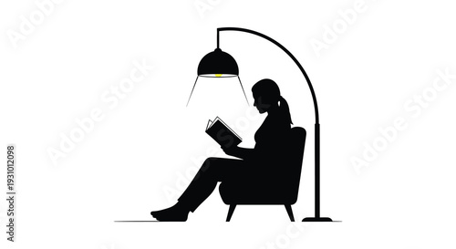 A woman sits comfortably reading a book under the warm glow of an arched floor lamp a striking silhouette high quality