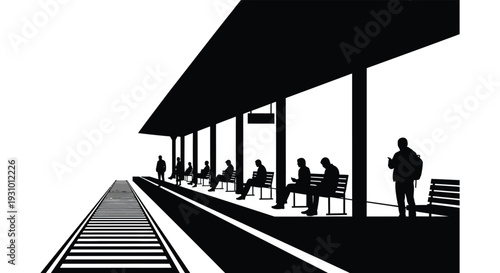 A stark black and white depiction of people waiting at a train platform with a dramatic silhouette high quality professional detailed modern elegant