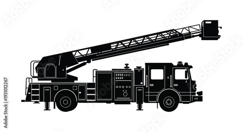A detailed black silhouette depicts a large fire engine with an extended ladder showcasing emergency vehicle design silhouette high quality professional