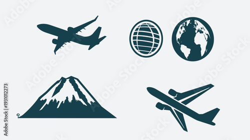 Silhouetted designs depicting travel airplane, mountain, globe, and world map on light backdrop