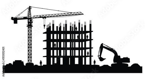 A black silhouette depicts a construction site with a crane building framework and workers showcasing urban development silhouette high quality professional