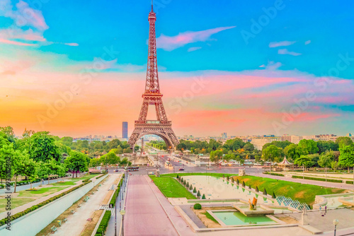 Wallpaper Mural Paris Eiffel Tower and Trocadero garden at sunset in Paris, France. Eiffel Tower is one of the most iconic landmarks of Paris. Torontodigital.ca