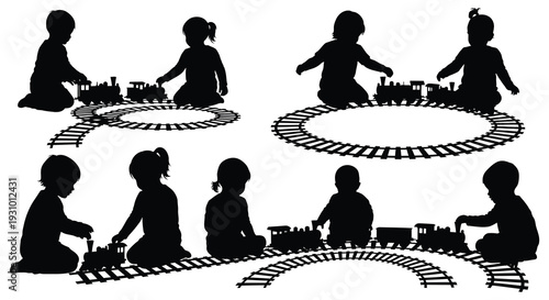 A collection of black silhouettes depicting children playing with toy trains and tracks showcasing childhood joy silhouette high quality professional detailed