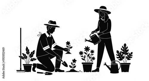A couple enjoys gardening together with a man kneeling and a woman watering plants depicted as a silhouette high quality professional
