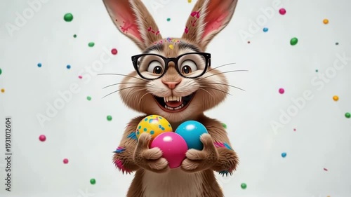 Animated bunny with glasses joyfully holding colorful easter eggs surrounded by candy