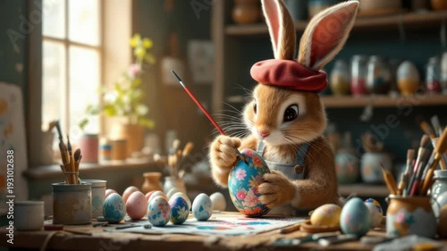 Charming easter bunny painting colorful eggs in cozy workshop
