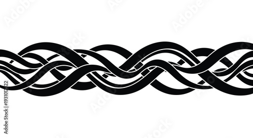 An intricate black and white interwoven knotwork pattern stretches horizontally across a plain white background silhouette high quality professional detailed modern