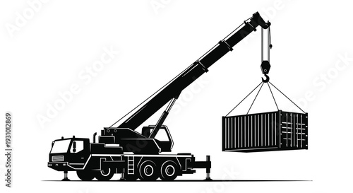 A black silhouette of a mobile crane lifting a large shipping container showcasing industrial strength and precision silhouette high quality professional