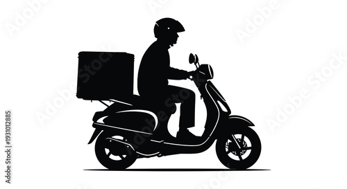 A delivery person rides a scooter with a large insulated box presented as a striking silhouette high quality professional detailed modern