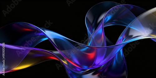 Abstract glossy colorful ribbon swirling on dark background, grainy texture, smooth motion, translucent, banner, backdrop design