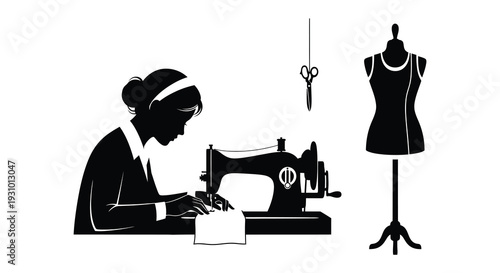 A black silhouette depicts a seamstress working at a sewing machine with a dress form nearby showcasing vintage style silhouette