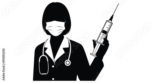 A healthcare worker in a mask and lab coat holds a syringe representing vaccination or medical care silhouette high quality professional