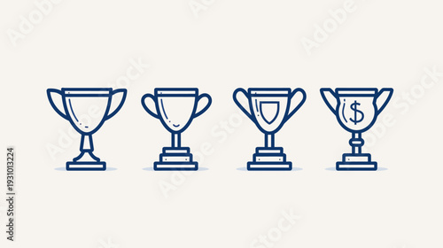 Line-drawn illustration of four trophies in a row. One has a dollar sign. Simple style, navy blue outline