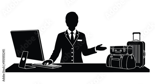 A hotel receptionist assists a guest with luggage depicted in a stark black and white silhouette high quality professional detailed modern