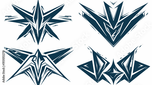 Four abstract geometric designs, angular and detailed, in dark blue against a white backdrop